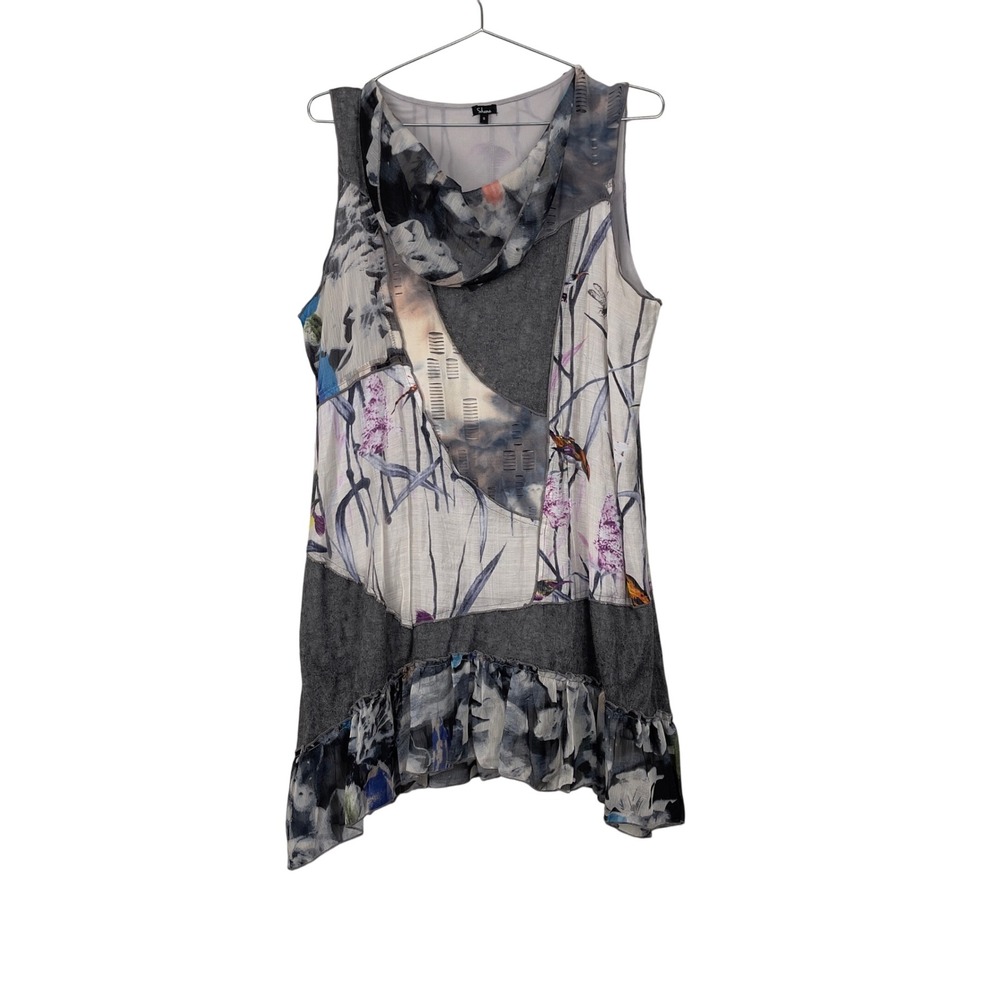 Shana‎ Mini Dress Tunic Top Mixed Media Grey Small Artsy Whimsy Lagenlook Y2K